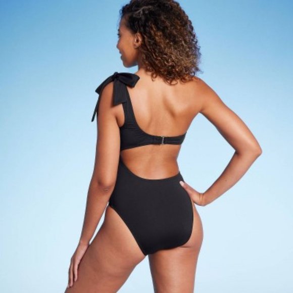 Shade & Shore One Shoulder Bow Side Cut-Out 1-Piece Swimsuit Black Sz Small NWT - Picture 8 of 12